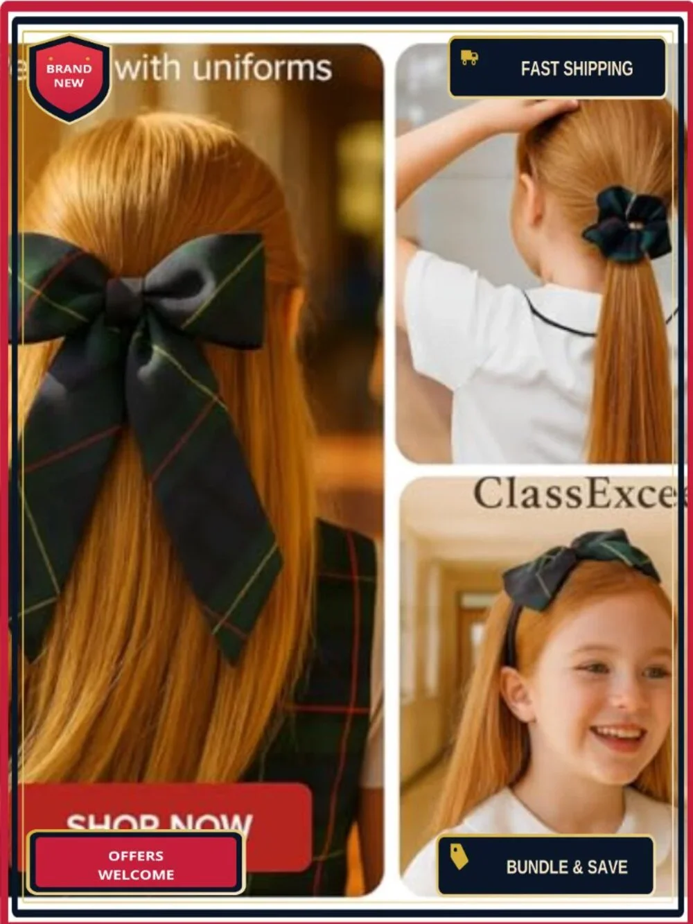 Girls Plaid Hair Bow Set with Headband Scrunchie Handmade Back to School